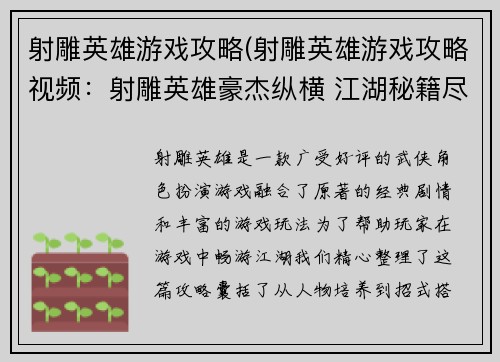 射雕英雄游戏攻略(射雕英雄游戏攻略视频：射雕英雄豪杰纵横 江湖秘籍尽在掌握)