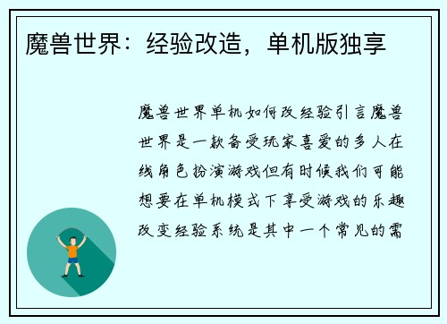 魔兽世界：经验改造，单机版独享